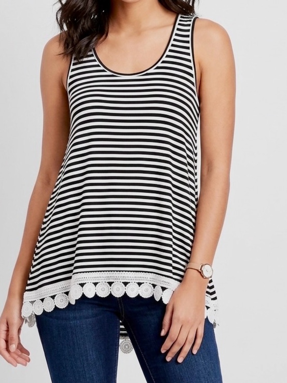 MY STORY Knit Black White Striped Swing Tunic Tank Top w Lace Detail Hem